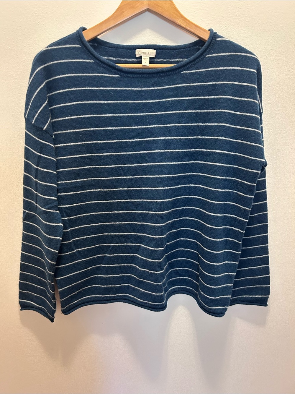 Coastal Stripe Long-Sleeve Blue 100% Cashmere Sweater Size-M